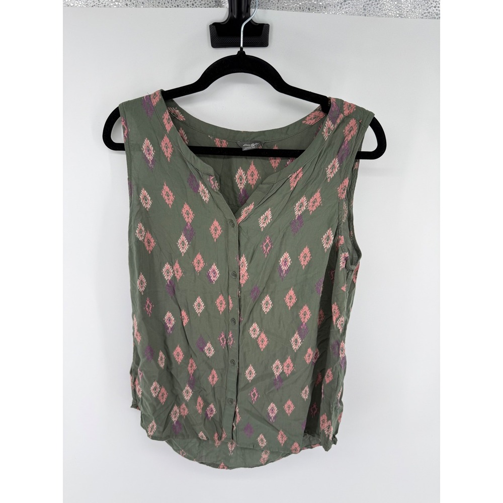 Eddie Bauer Womens Sleeveless Button Down Ikat Diamond Top Olive Green Medium
